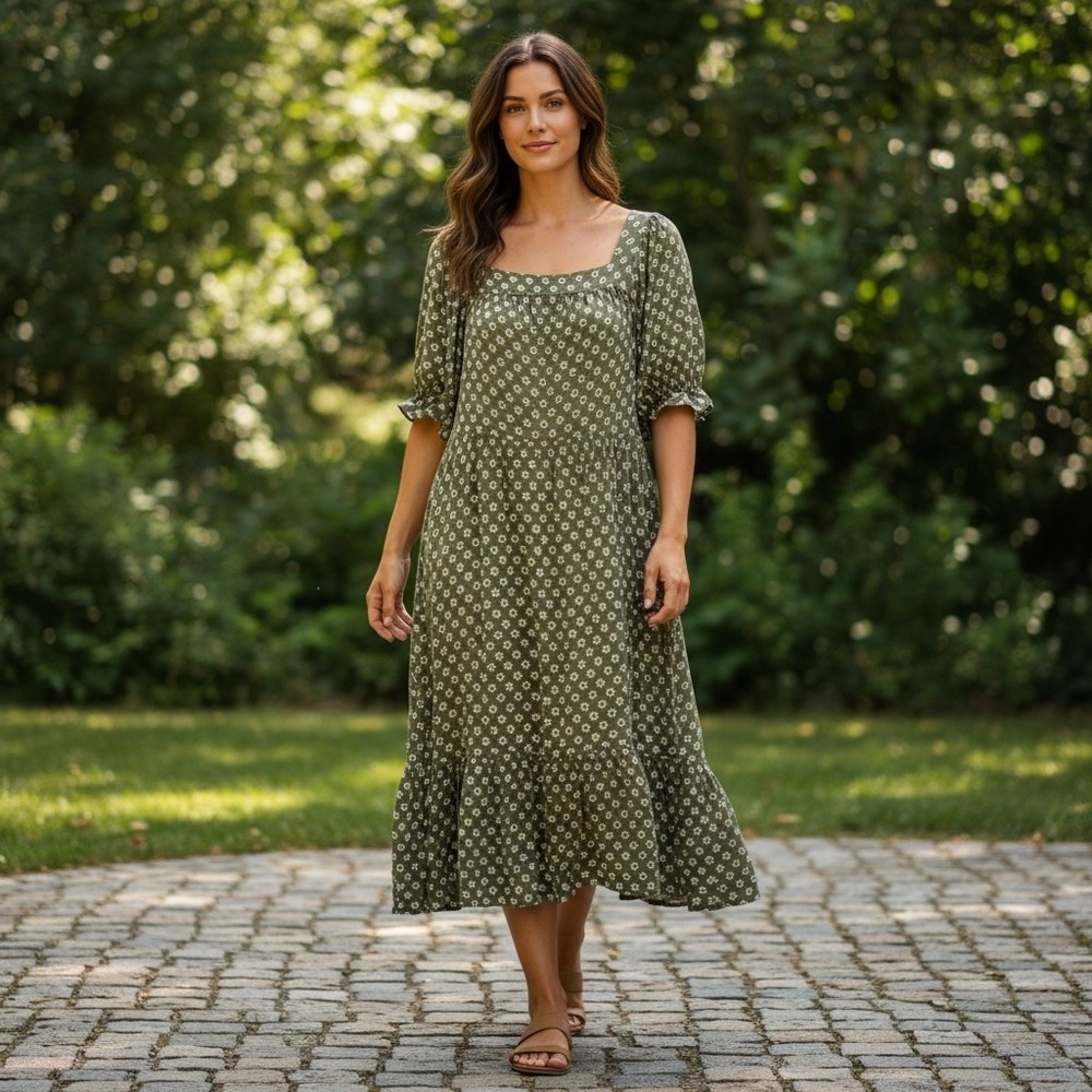 Maurices NEW Green Floral Sunburst Tiered Babydoll Midi Dress‎ Boho Prairie 0X